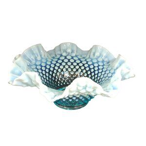 Fenton Glass Blue Opalescent Hobnail 10" Bowl Double Crimped Circa 1960 Vintage